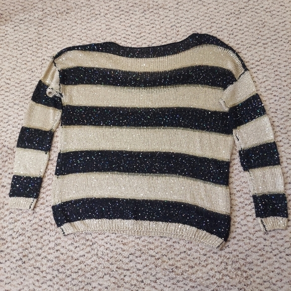 I.C.U. Women's Sequin Striped Pull Over Size L Open Knit Sweater Gold Black - Picture 13 of 14